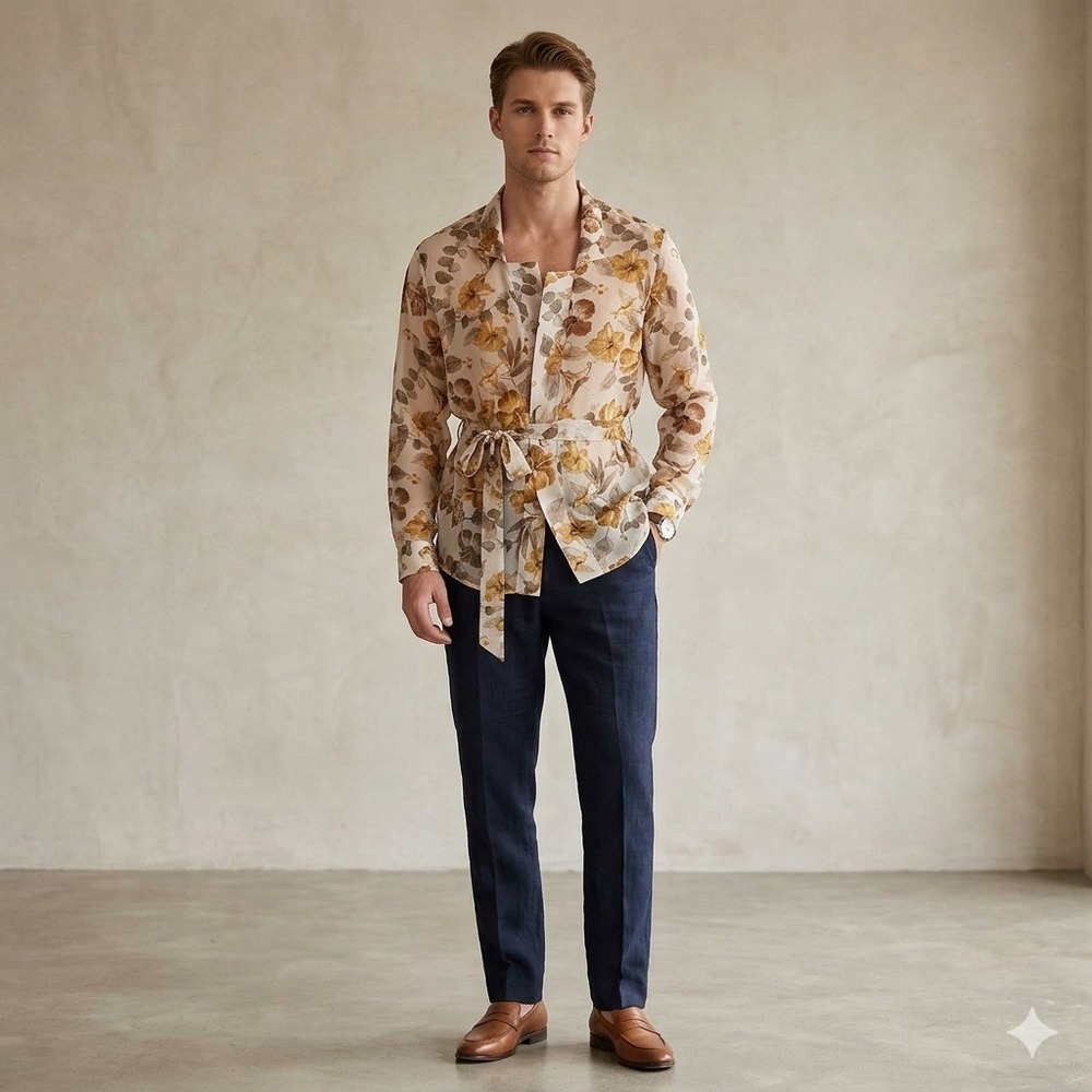 Orttu‎ Mens Floral Sheer Button Down Shirt Brown Tan Botanical Small